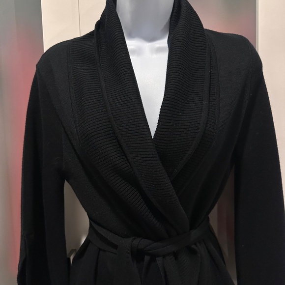 BCBGMaxAzria Black Merino Wool Knit Wrap Belted Cardigan Sweater Jacket Small - Picture 5 of 16